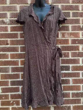 Loco Lindo Sz Large Ruffled Brown white polka dots mini summer Wrap Dress